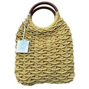 NWT Sigrid Olsen Beige Yellow Croche Wood Handles Bag Purse